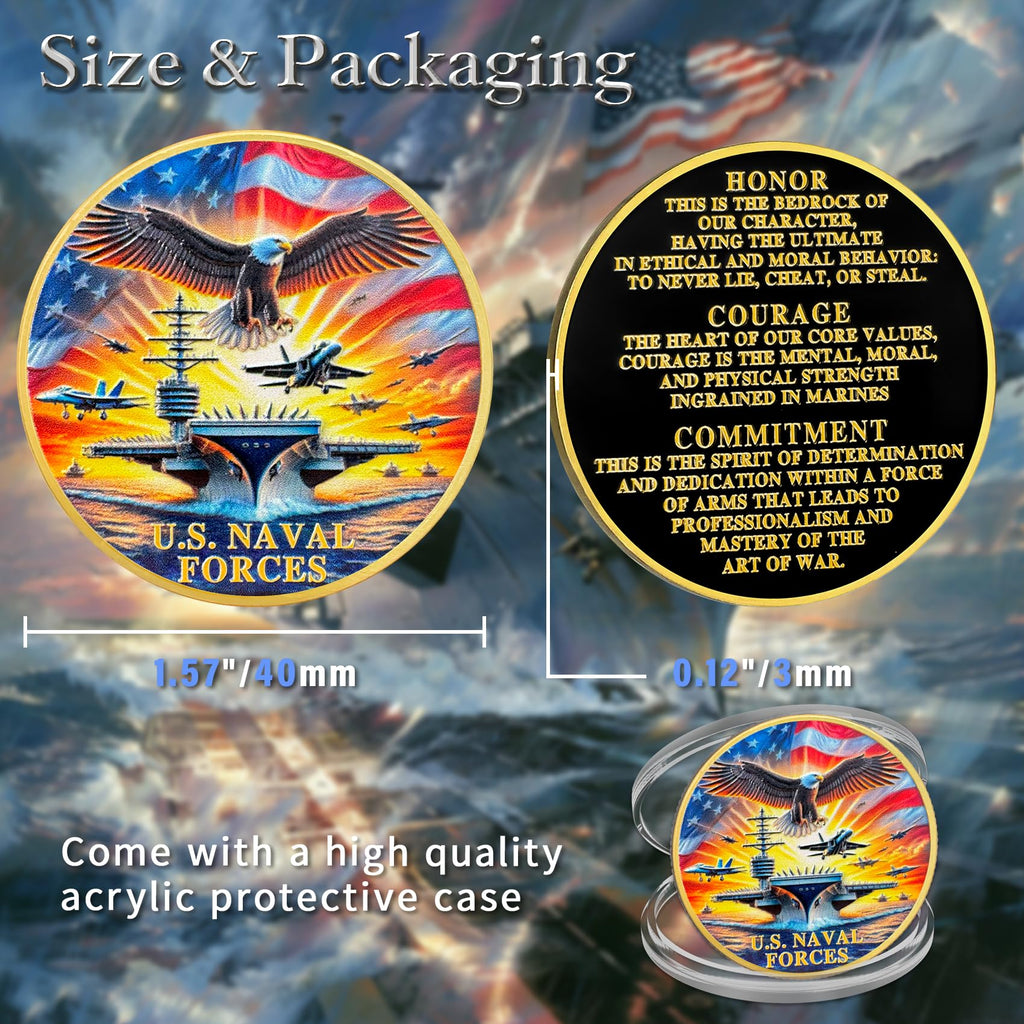 ASmileIndeep U.S. Naval Forces Challenge Coin – 40mm Zinc Alloy Navy Coin with Aircraft Carrier & Eagle