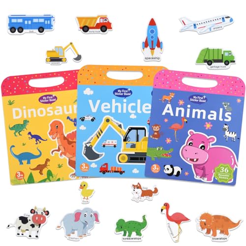 ASTARON 3-Pack Reusable Puffy Sticker Books for Kids Ages 3-6 – Dino, Car & Animal Themes – Portable Travel Toy & Busy Book