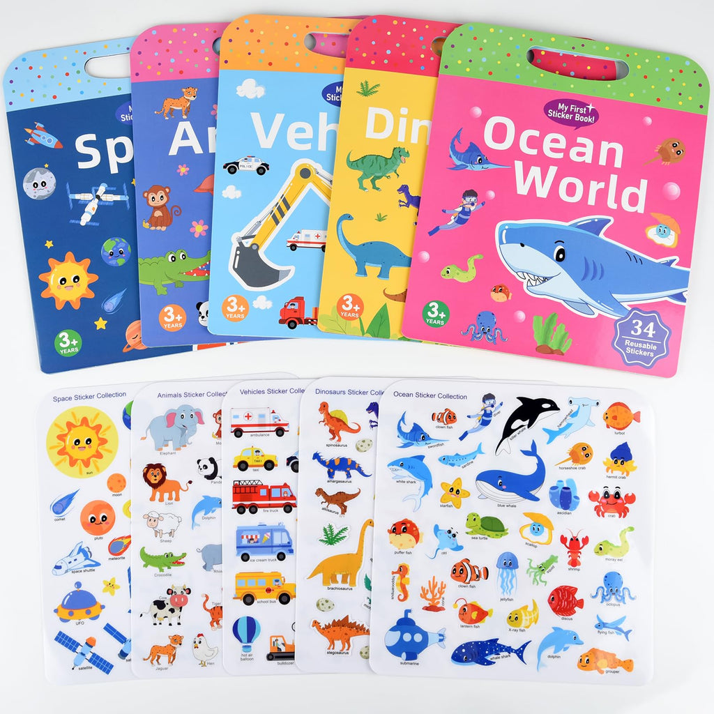 ASTARON 3-Pack Reusable Puffy Sticker Books for Kids Ages 3-6 – Dino, Car & Animal Themes – Portable Travel Toy & Busy Book
