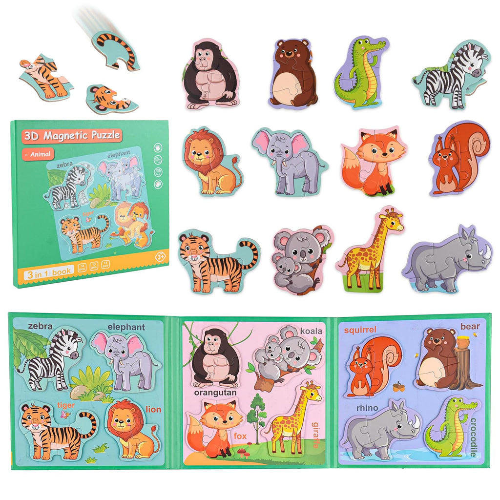 ASTARON 3D Magnetic Animal Puzzle Book – 41 Pieces with 60 Puffy Stickers for Toddlers, Travel-Friendly Learning Toy