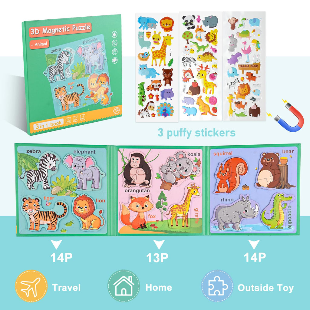 ASTARON 3D Magnetic Animal Puzzle Book – 41 Pieces with 60 Puffy Stickers for Toddlers, Travel-Friendly Learning Toy