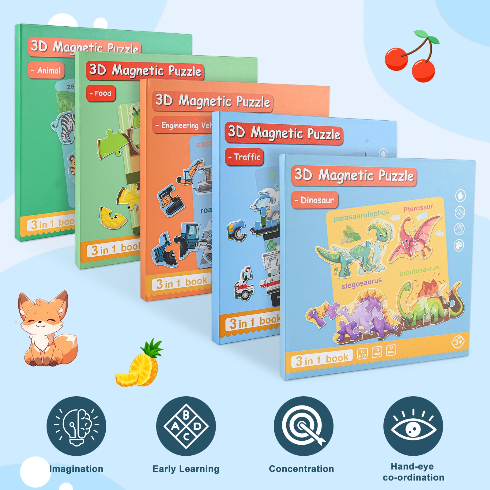 ASTARON 3D Magnetic Animal Puzzle Book – 41 Pieces with 60 Puffy Stickers for Toddlers, Travel-Friendly Learning Toy