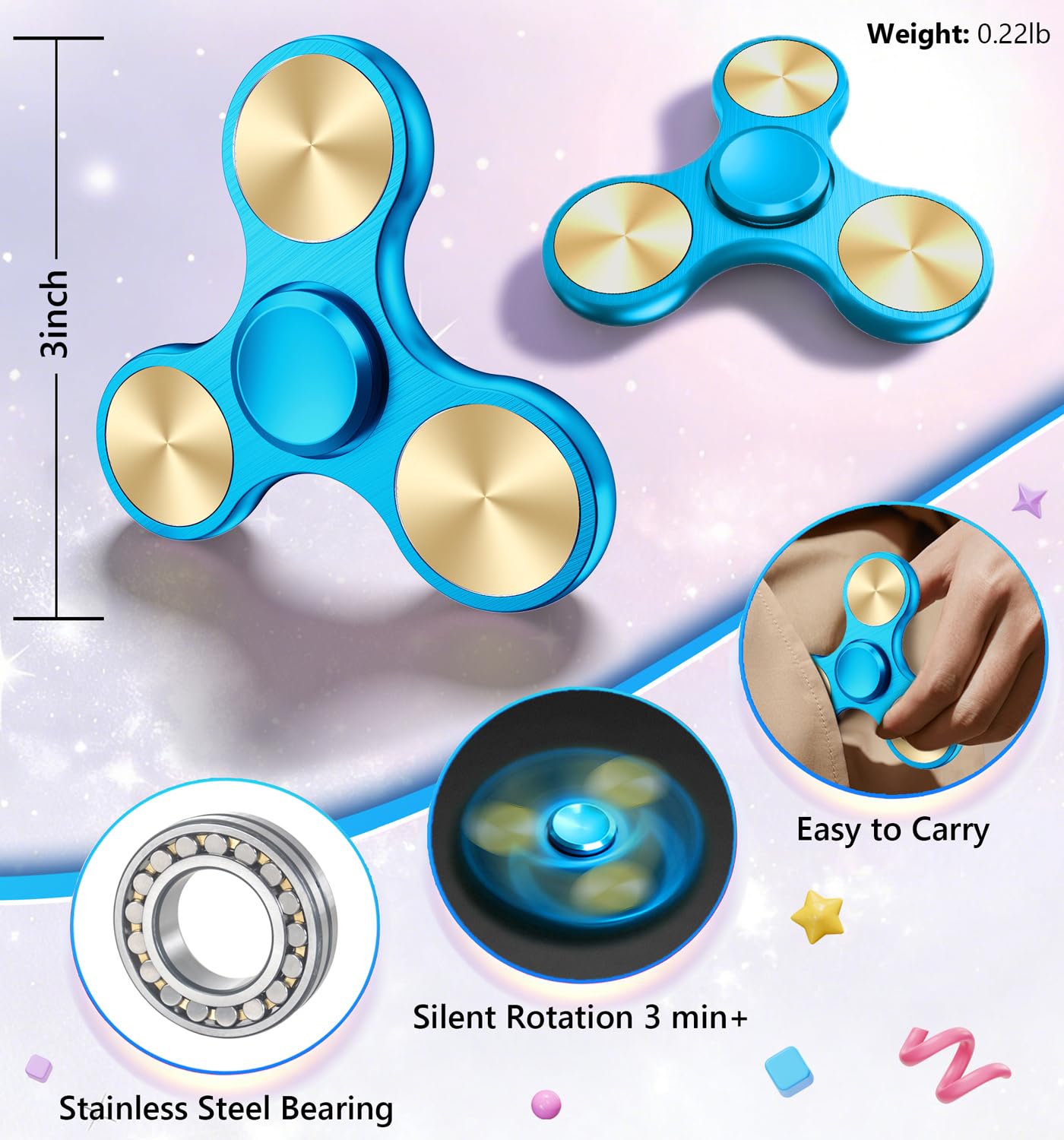 ATESSON Fidget Spinner – 4-10 Minute Spin Time, Stainless Steel Bearing, Aluminum Alloy Body