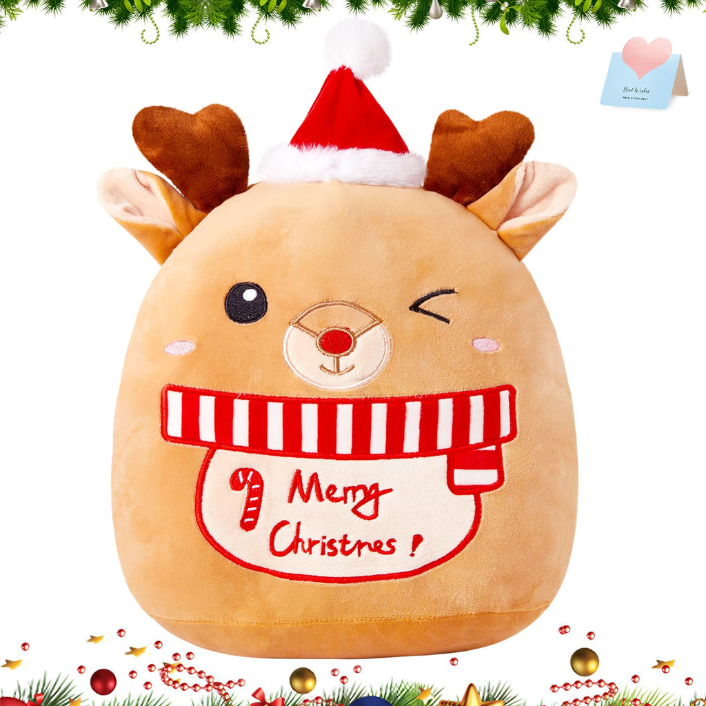 Athoinsu 14-Inch Christmas Elk Plush Pillow with Santa Hat – Soft Reindeer Throw for Holiday Decor