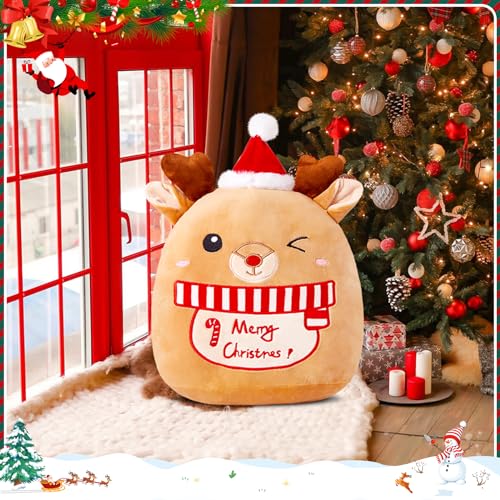 Athoinsu 14-Inch Christmas Elk Plush Pillow with Santa Hat – Soft Reindeer Throw for Holiday Decor
