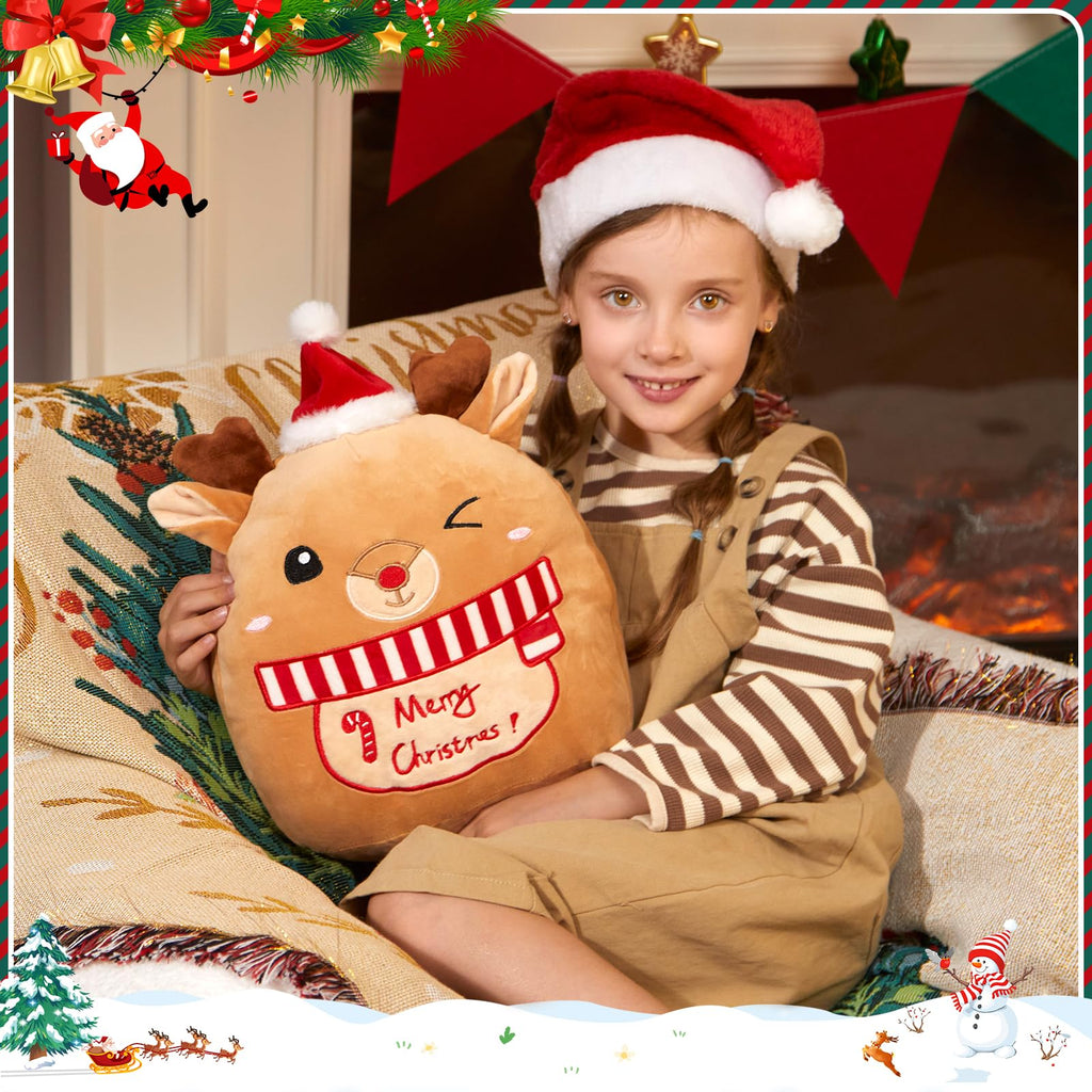 Athoinsu 14-Inch Christmas Elk Plush Pillow with Santa Hat – Soft Reindeer Throw for Holiday Decor