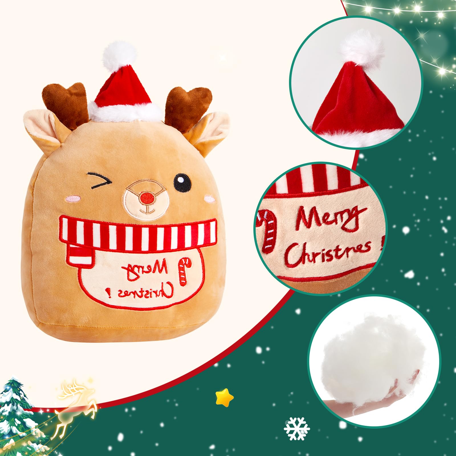 Athoinsu 14-Inch Christmas Elk Plush Pillow with Santa Hat – Soft Reindeer Throw for Holiday Decor