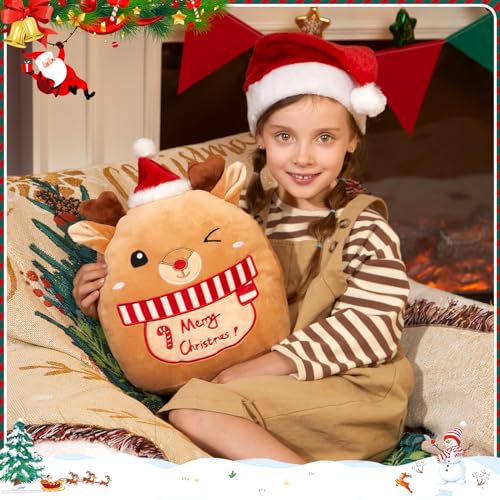 Athoinsu 14-Inch Christmas Elk Plush Pillow with Santa Hat – Soft Reindeer Throw for Holiday Decor