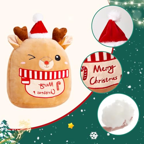 Athoinsu 14-Inch Christmas Elk Plush Pillow with Santa Hat – Soft Reindeer Throw for Holiday Decor