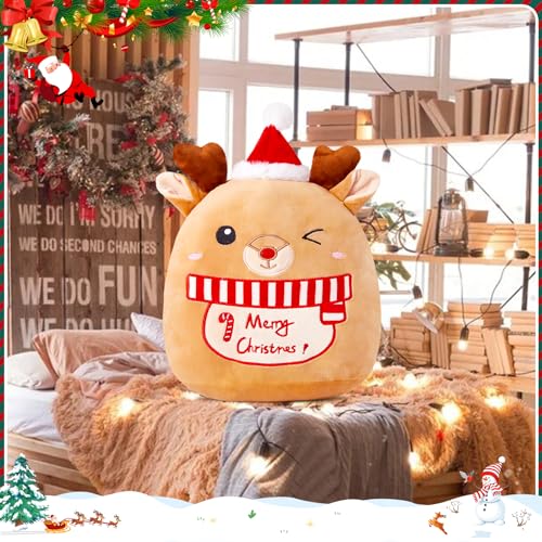 Athoinsu 14-Inch Christmas Elk Plush Pillow with Santa Hat – Soft Reindeer Throw for Holiday Decor