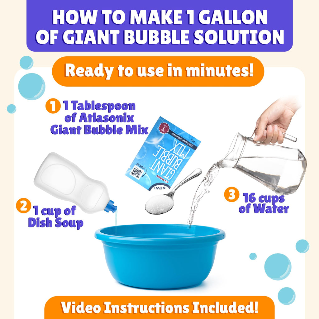 Atlasonix Giant Bubble Wand Set – Makes 1 Gallon of Bubble Solution, Non-Toxic, Outdoor Fun for Kids