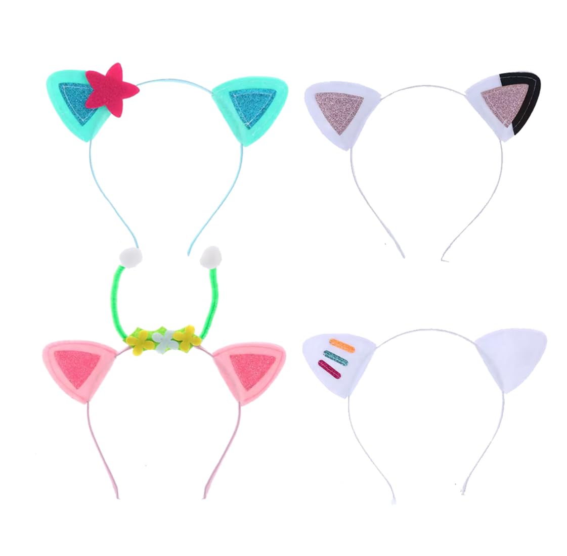 Atvscay 4-Pack Cute Cat Ears Headbands – Elastic Wire & Felt, 7.5x5.5 inches, for Parties & Cosplay