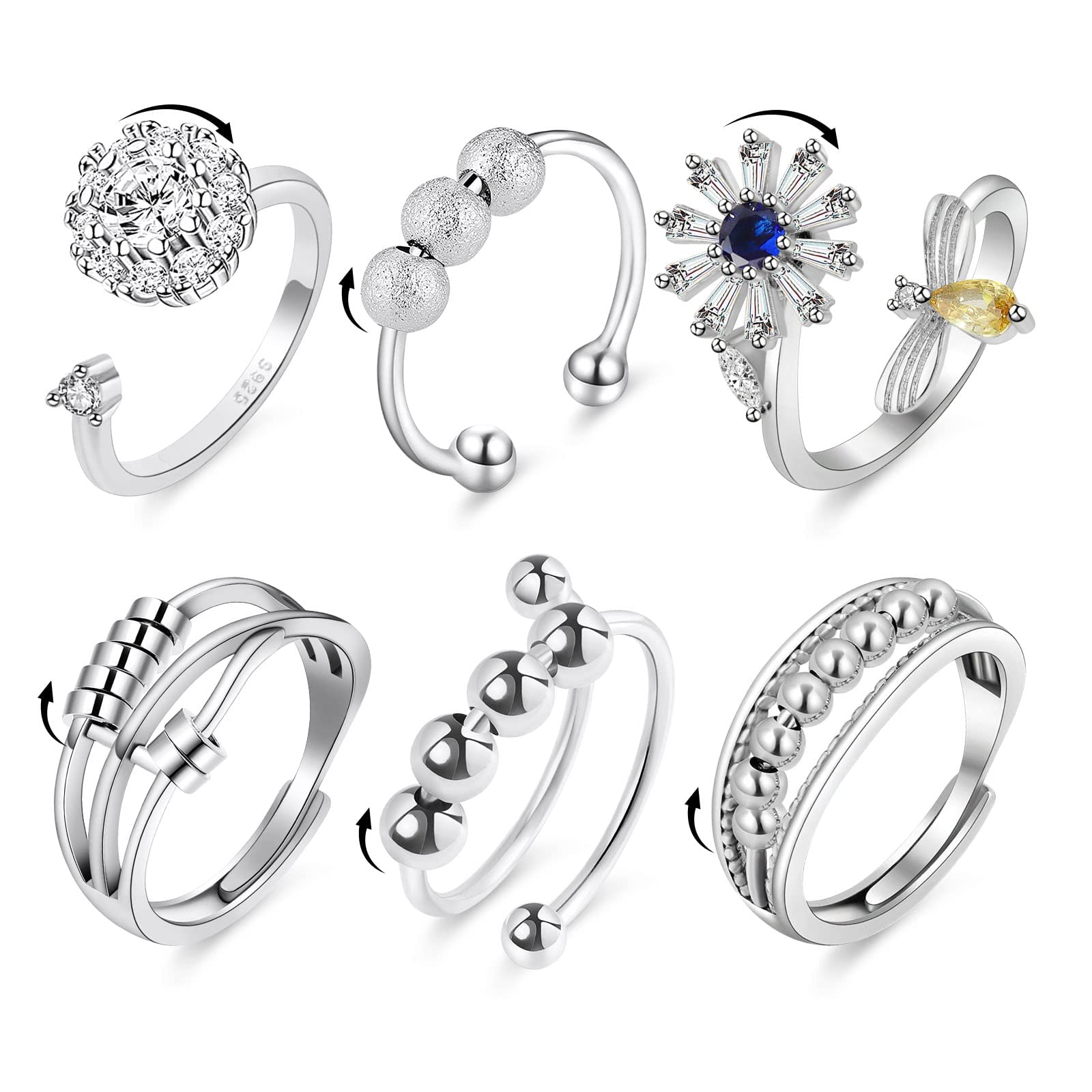 Aucuu 6-Piece Anti Anxiety Fidget Ring Set - Adjustable CZ, Flower, and Spinner Bead Rings for Women