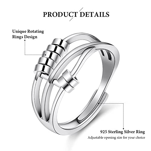 Aucuu 6-Piece Anti Anxiety Fidget Ring Set - Adjustable CZ, Flower, and Spinner Bead Rings for Women