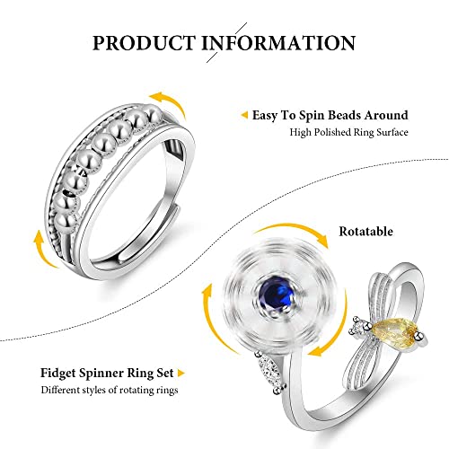 Aucuu 6-Piece Anti Anxiety Fidget Ring Set - Adjustable CZ, Flower, and Spinner Bead Rings for Women