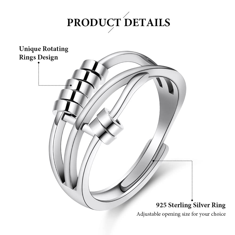 Aucuu 6-Piece Anti Anxiety Fidget Ring Set - Adjustable CZ, Flower, and Spinner Bead Rings for Women