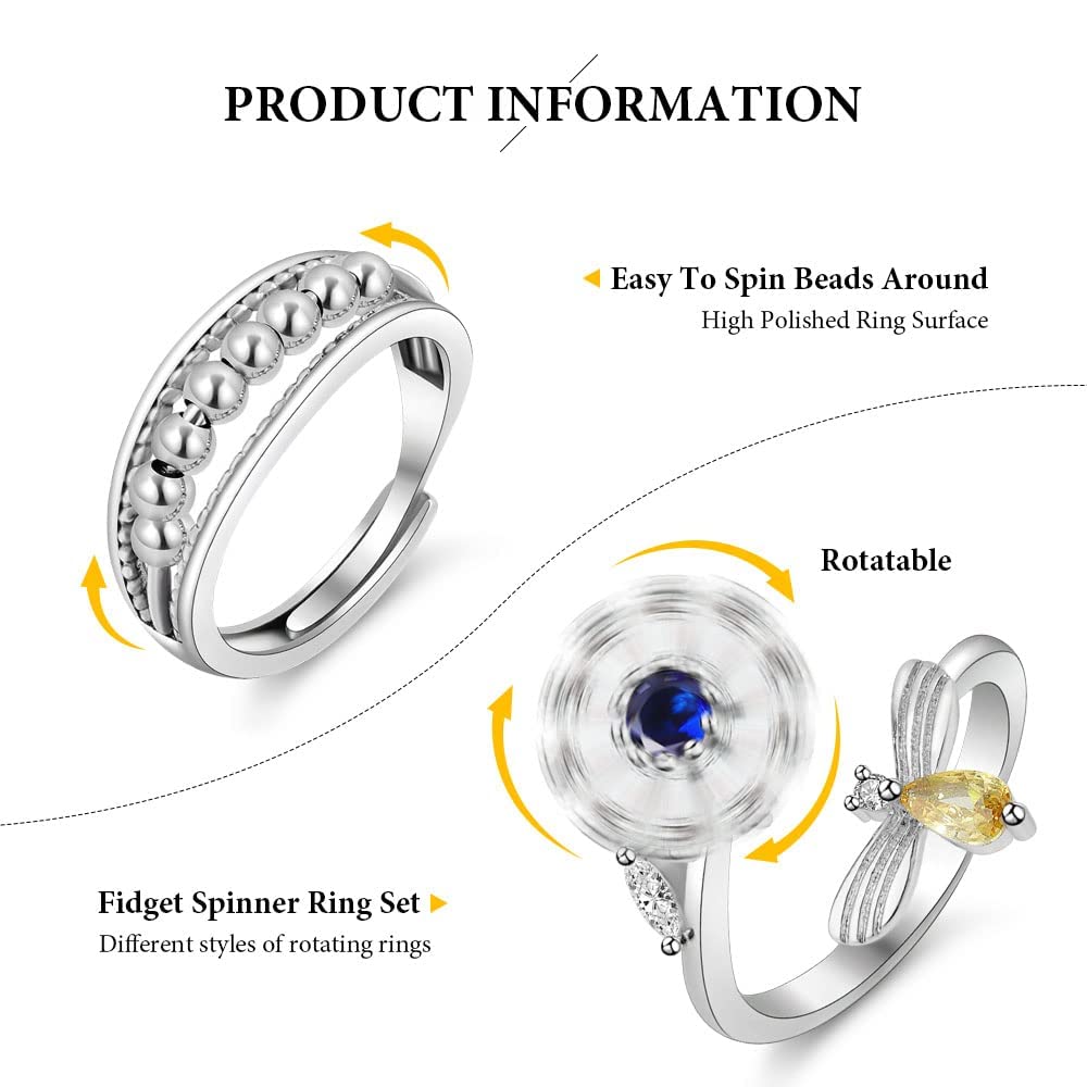 Aucuu 6-Piece Anti Anxiety Fidget Ring Set - Adjustable CZ, Flower, and Spinner Bead Rings for Women