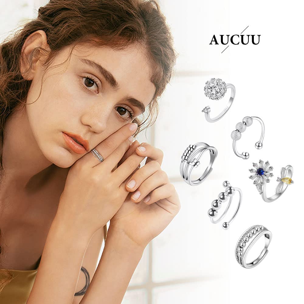 Aucuu 6-Piece Anti Anxiety Fidget Ring Set - Adjustable CZ, Flower, and Spinner Bead Rings for Women