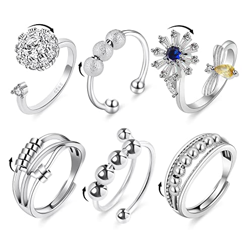 Aucuu 6-Piece Anti Anxiety Fidget Ring Set - Adjustable CZ, Flower, and Spinner Bead Rings for Women