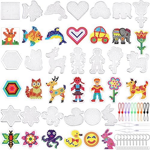 AUGSUN 20-Pack Clear Plastic Fuse Bead Pegboards – Animal Shapes with Cards, Keychains, and Tweezers for Kids DIY Crafts