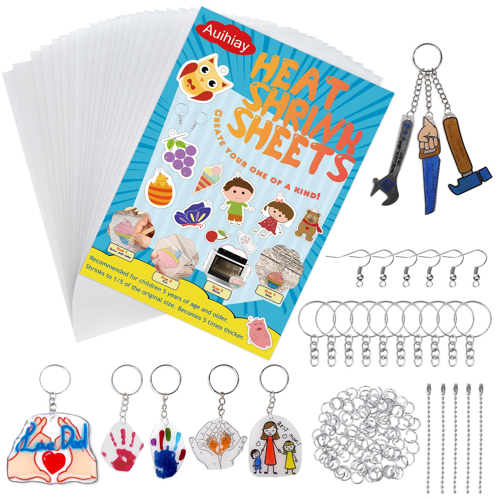 Auihiay 145-Piece Shrink Plastic Sheet Kit with Keychain Accessories for DIY Crafts and Mother's Day Ornaments