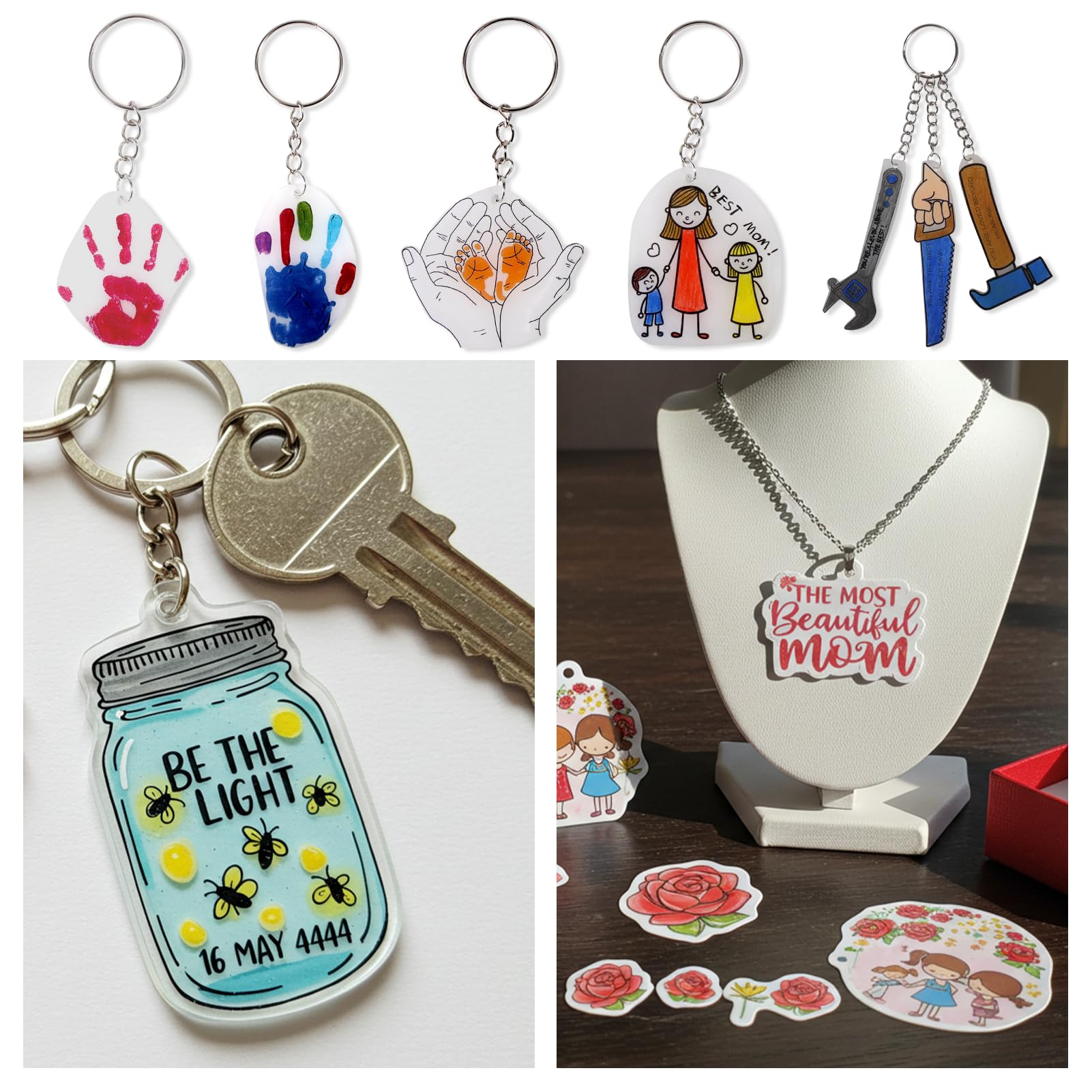 Auihiay 145-Piece Shrink Plastic Sheet Kit with Keychain Accessories for DIY Crafts and Mother's Day Ornaments