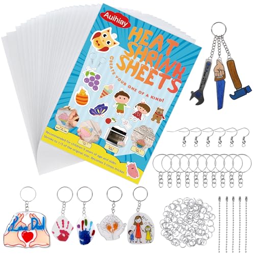 Auihiay 145-Piece Shrink Plastic Sheet Kit with Keychain Accessories for DIY Crafts and Mother's Day Ornaments