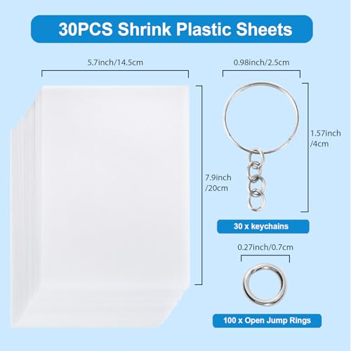 Auihiay 30-Piece Shrink Plastic Sheets Kit with Keychains and Jump Rings