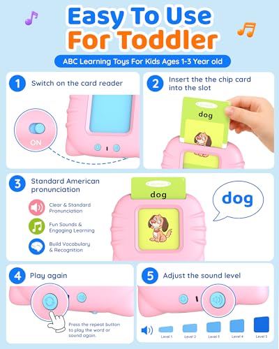 Aullsaty Talking Flash Cards for Toddlers 1-4, 248 Sight Words, Pink Cat Reader, Speech Therapy Toy