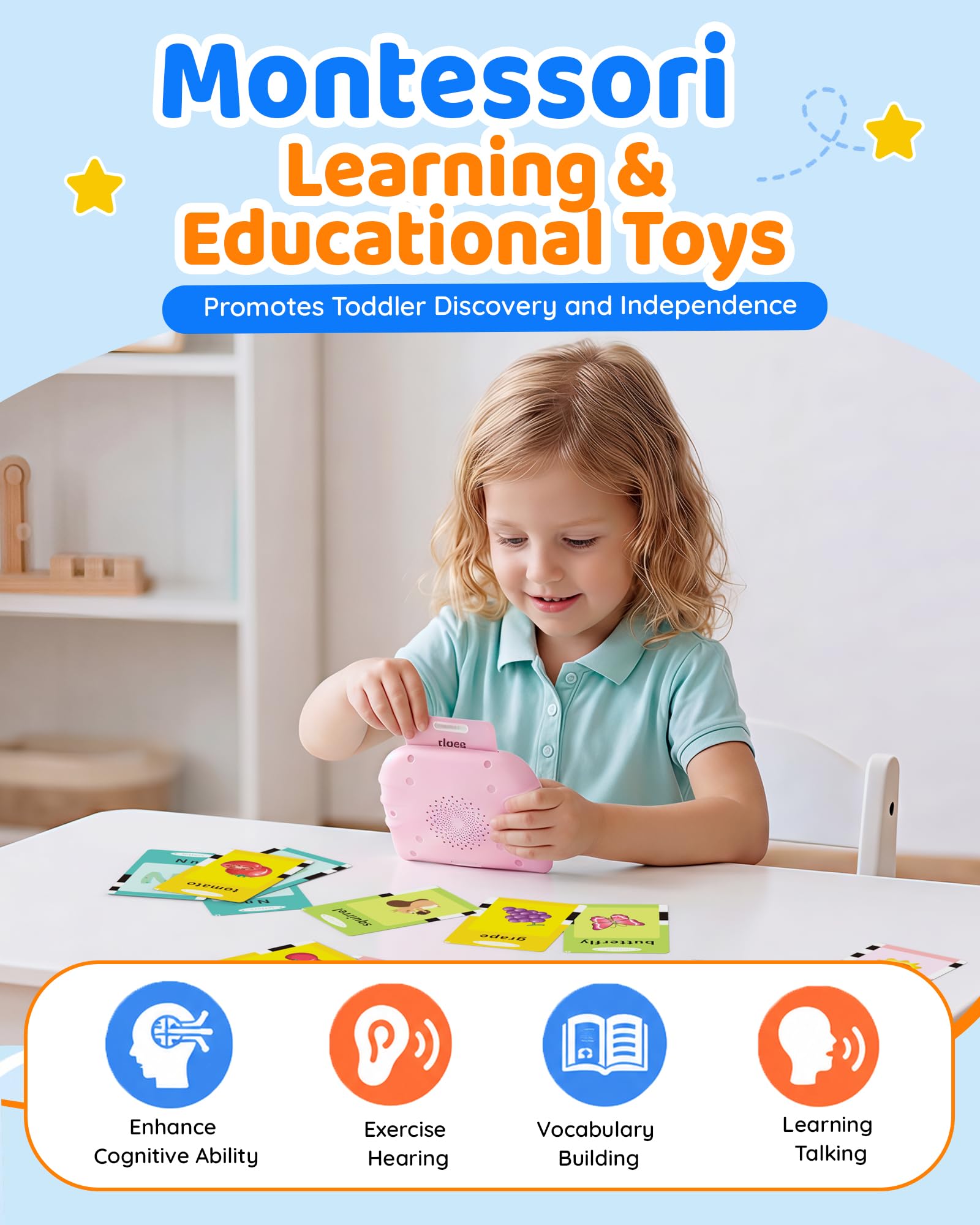 Aullsaty Talking Flash Cards for Toddlers 1-4, 248 Sight Words, Pink Cat Reader, Speech Therapy Toy