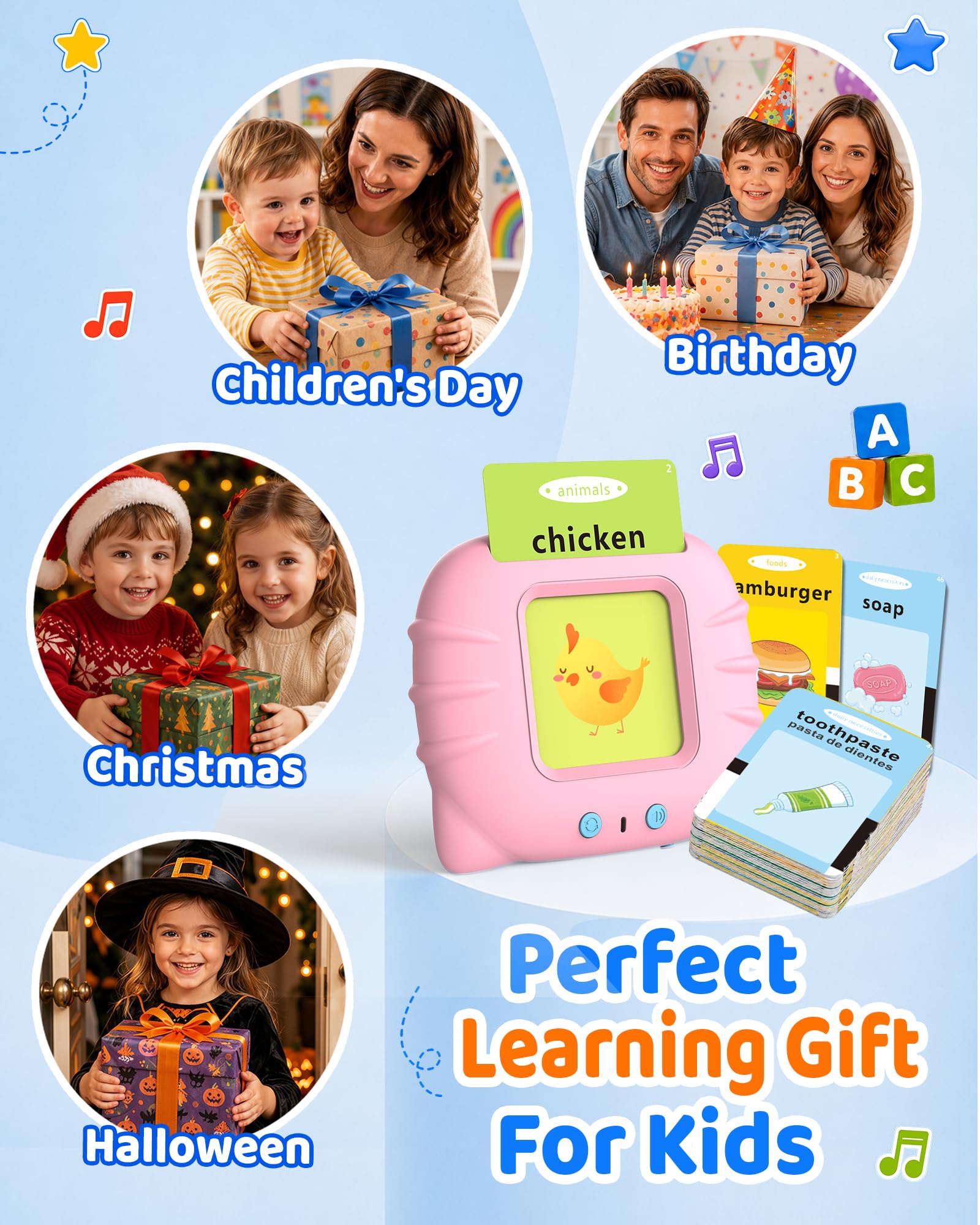 Aullsaty Talking Flash Cards for Toddlers 1-4, 248 Sight Words, Pink Cat Reader, Speech Therapy Toy