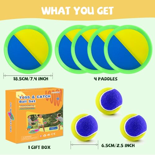 Aunnitery Outdoor Toss and Catch Game Set - 4 Paddles & 3 Balls for Beach, Backyard, Family Fun