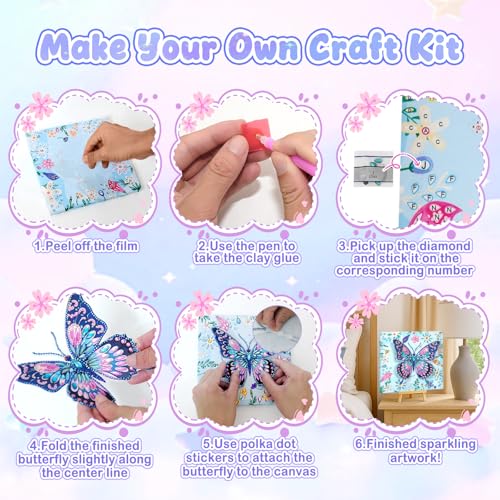 AuraKoi 3D Butterfly Diamond Art Kit for Kids Ages 6-12 – Blue Gem Painting with Frame, Non-Toxic DIY Craft