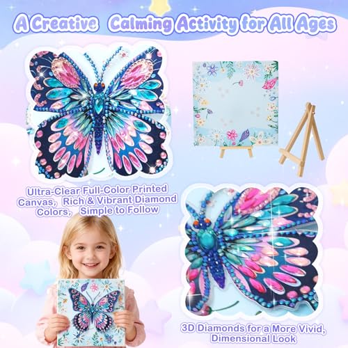 AuraKoi 3D Butterfly Diamond Art Kit for Kids Ages 6-12 – Blue Gem Painting with Frame, Non-Toxic DIY Craft