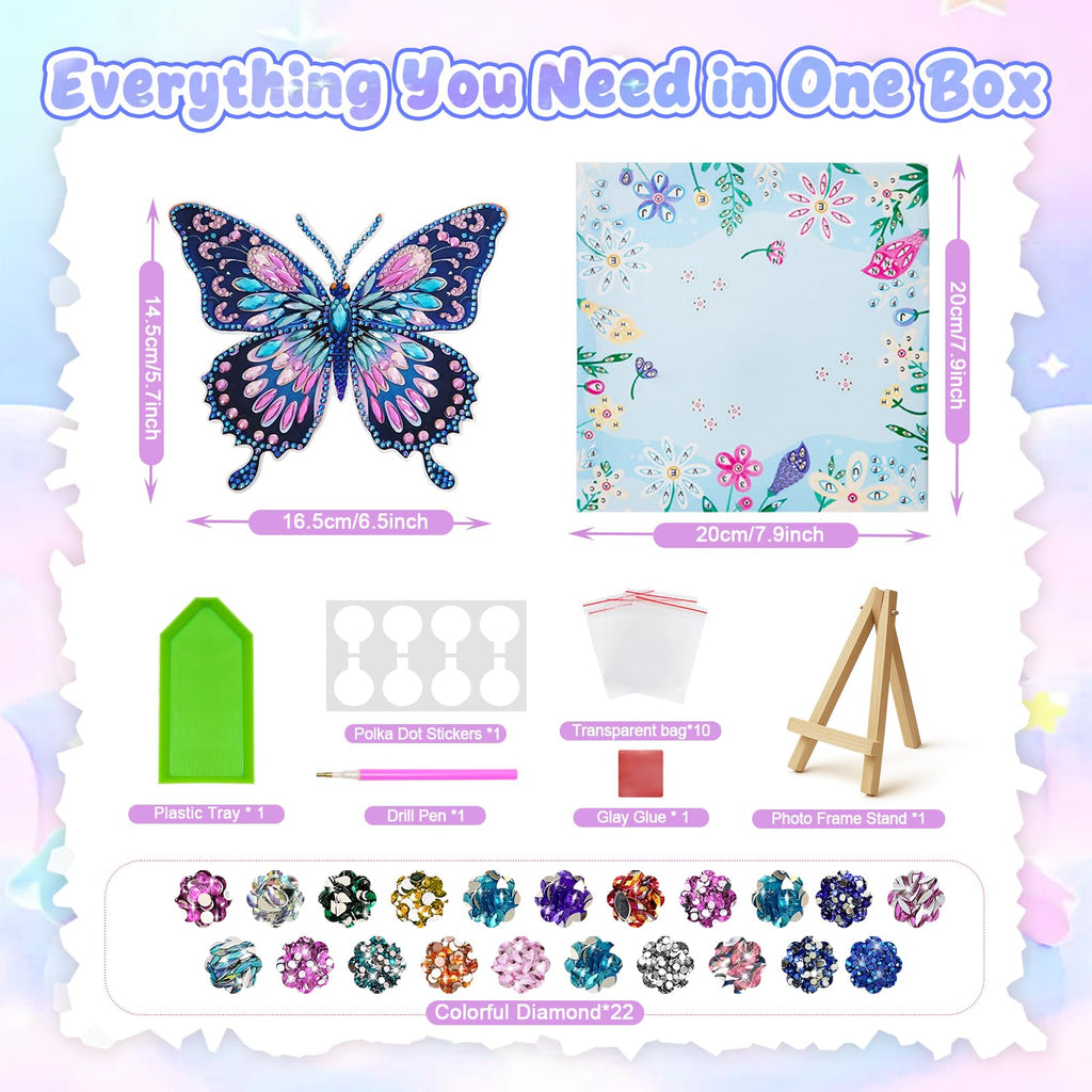 AuraKoi 3D Butterfly Diamond Art Kit for Kids Ages 6-12 – Blue Gem Painting with Frame, Non-Toxic DIY Craft