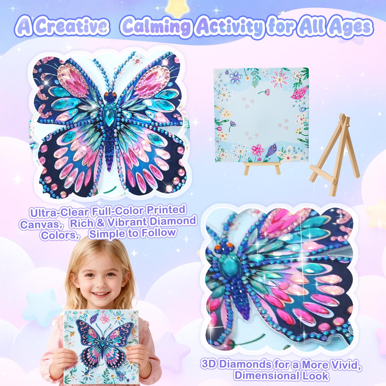 AuraKoi 3D Butterfly Diamond Art Kit for Kids Ages 6-12 – Blue Gem Painting with Frame, Non-Toxic DIY Craft