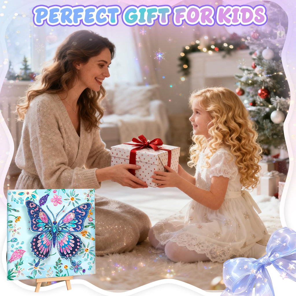 AuraKoi 3D Butterfly Diamond Art Kit for Kids Ages 6-12 – Blue Gem Painting with Frame, Non-Toxic DIY Craft