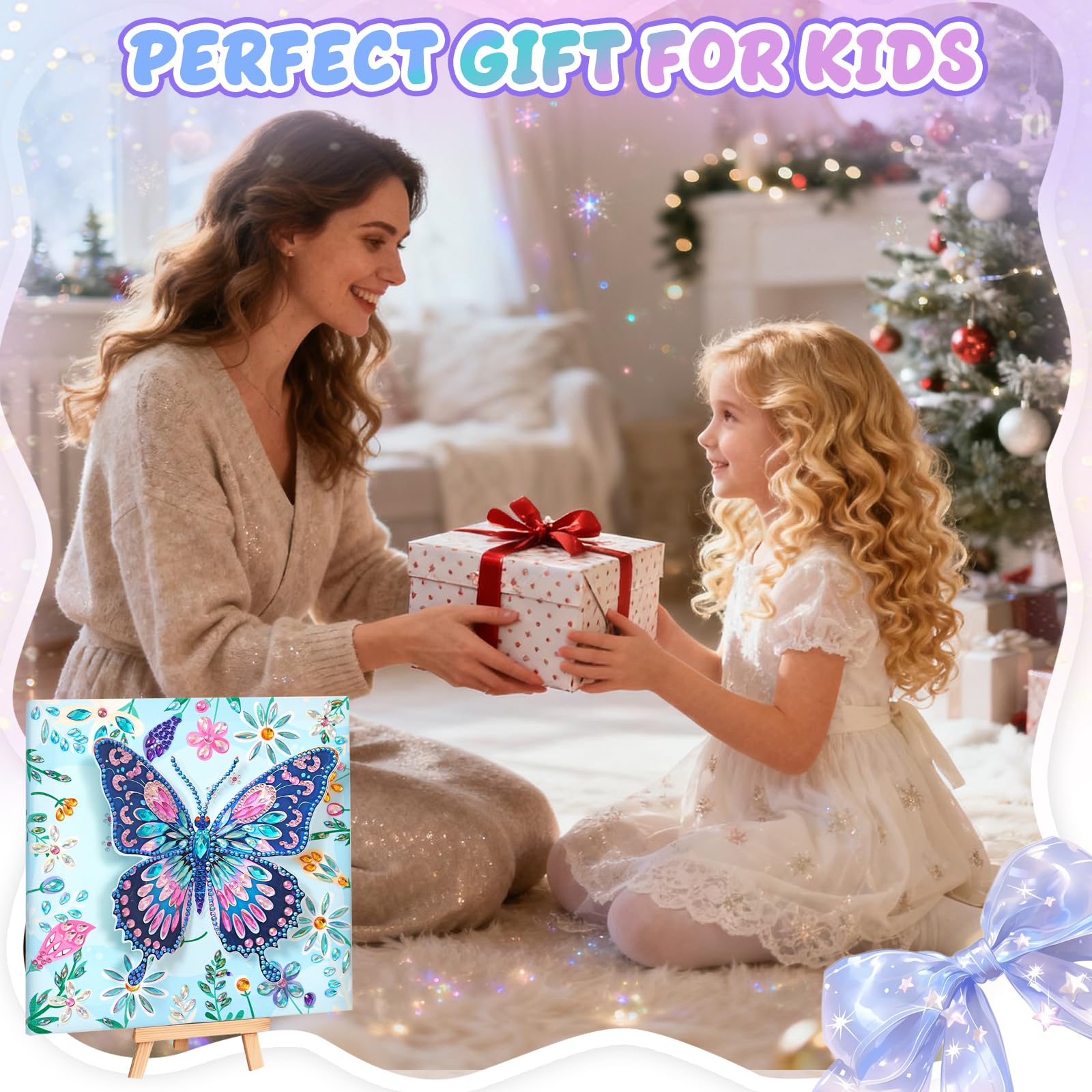 AuraKoi 3D Butterfly Diamond Art Kit for Kids Ages 6-12 – Blue Gem Painting with Frame, Non-Toxic DIY Craft