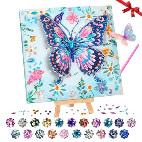 AuraKoi 3D Butterfly Diamond Art Kit for Kids Ages 6-12 – Blue Gem Painting with Frame, Non-Toxic DIY Craft