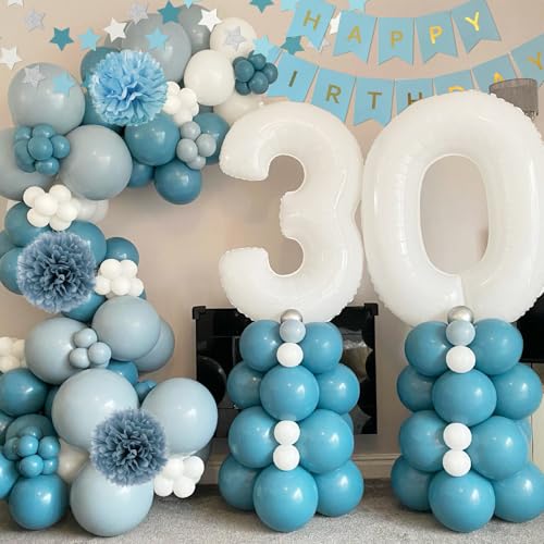 Aurasys Blue Birthday Decorations Set - 54-Piece Light Blue Party Supplies with Balloons, Banner, Fringe Curtain, and Pom Poms for Winter Wonderland, Under the Sea, Galaxy Themes