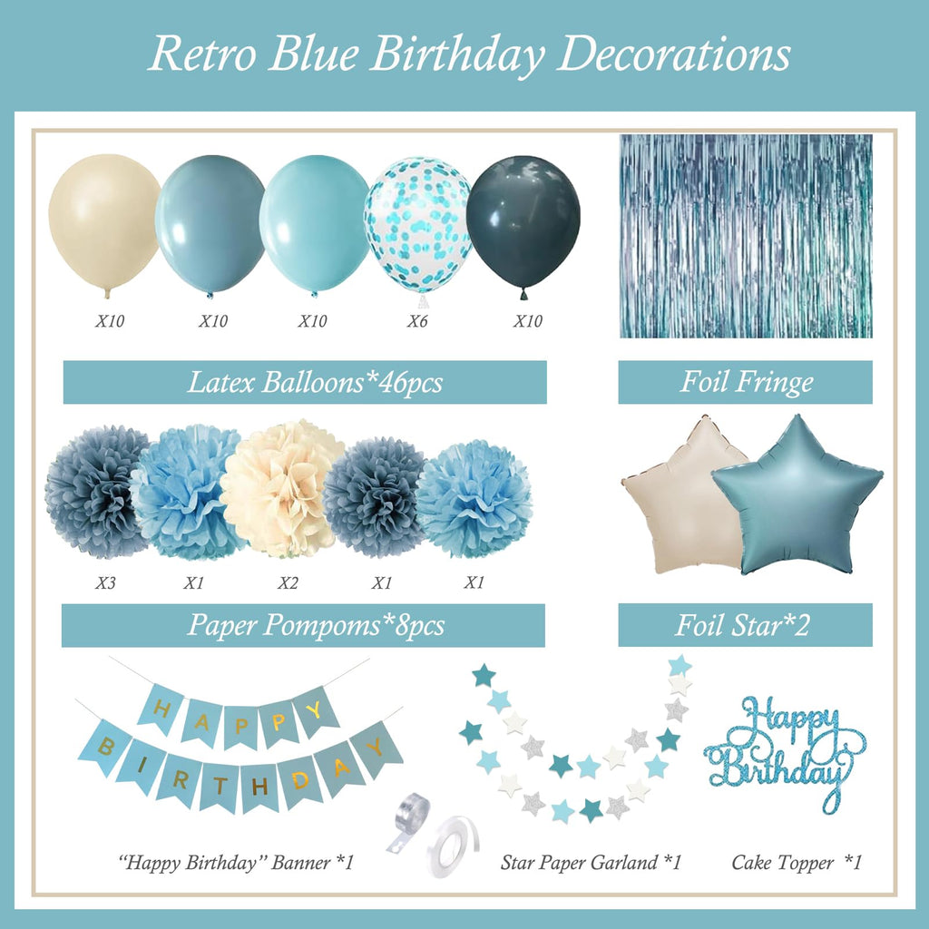 Aurasys Blue Birthday Decorations Set - 54-Piece Light Blue Party Supplies with Balloons, Banner, Fringe Curtain, and Pom Poms for Winter Wonderland, Under the Sea, Galaxy Themes