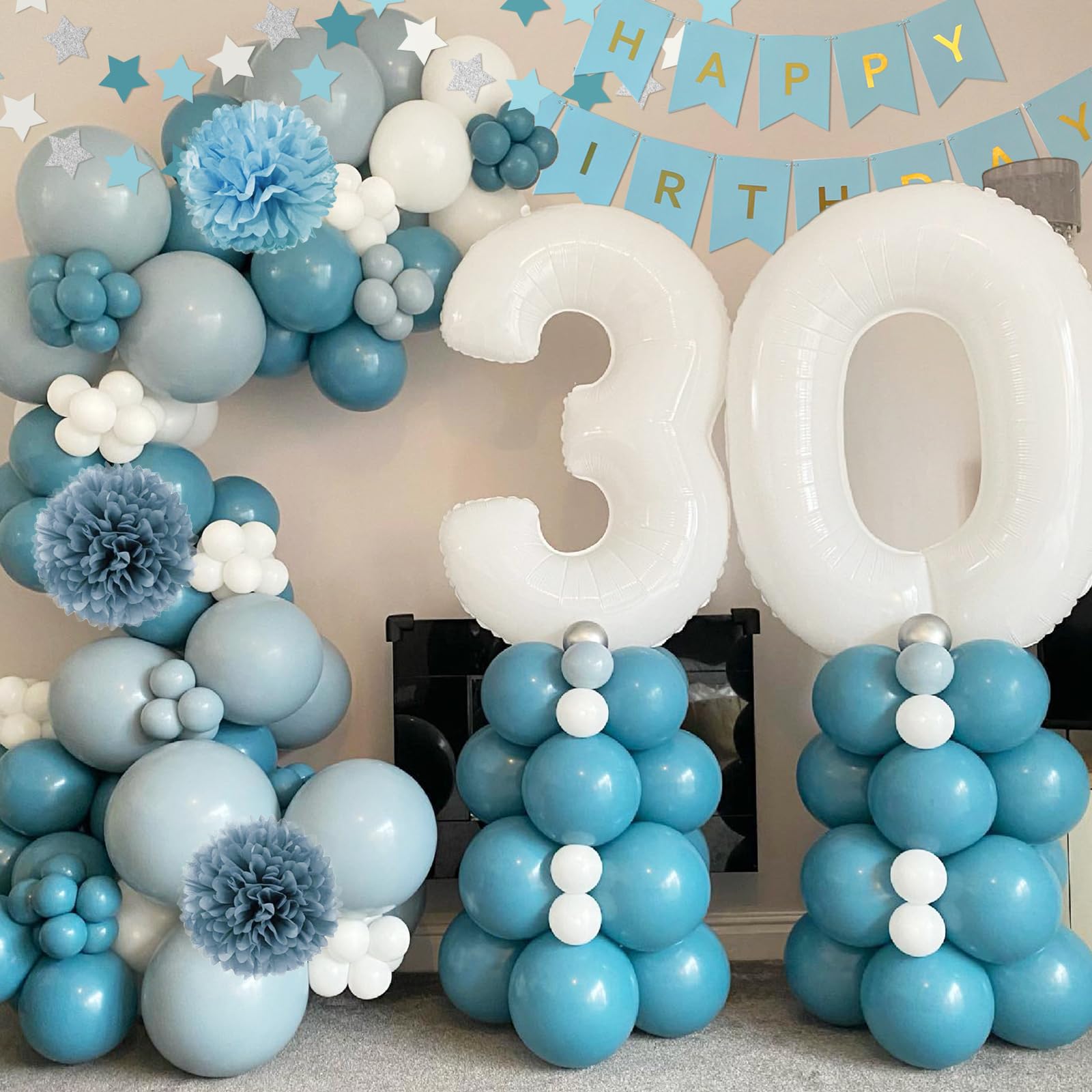 Aurasys Blue Birthday Decorations Set - 54-Piece Light Blue Party Supplies with Balloons, Banner, Fringe Curtain, and Pom Poms for Winter Wonderland, Under the Sea, Galaxy Themes