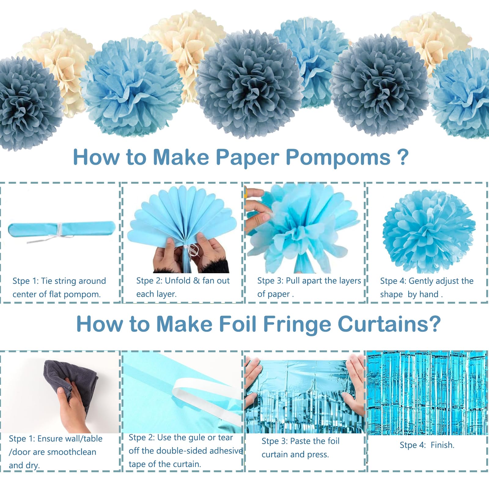 Aurasys Blue Birthday Decorations Set - 54-Piece Light Blue Party Supplies with Balloons, Banner, Fringe Curtain, and Pom Poms for Winter Wonderland, Under the Sea, Galaxy Themes