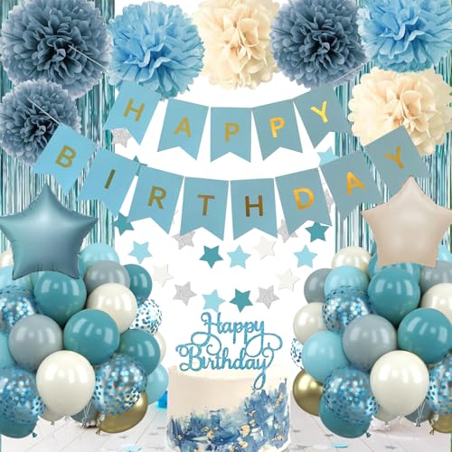 Aurasys Blue Birthday Decorations Set - 54-Piece Light Blue Party Supplies with Balloons, Banner, Fringe Curtain, and Pom Poms for Winter Wonderland, Under the Sea, Galaxy Themes