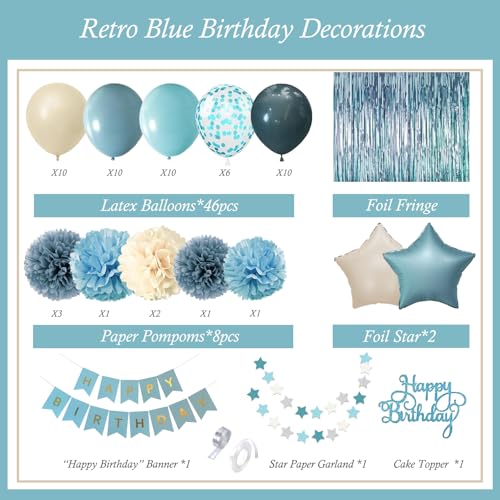 Aurasys Blue Birthday Decorations Set - 54-Piece Light Blue Party Supplies with Balloons, Banner, Fringe Curtain, and Pom Poms for Winter Wonderland, Under the Sea, Galaxy Themes