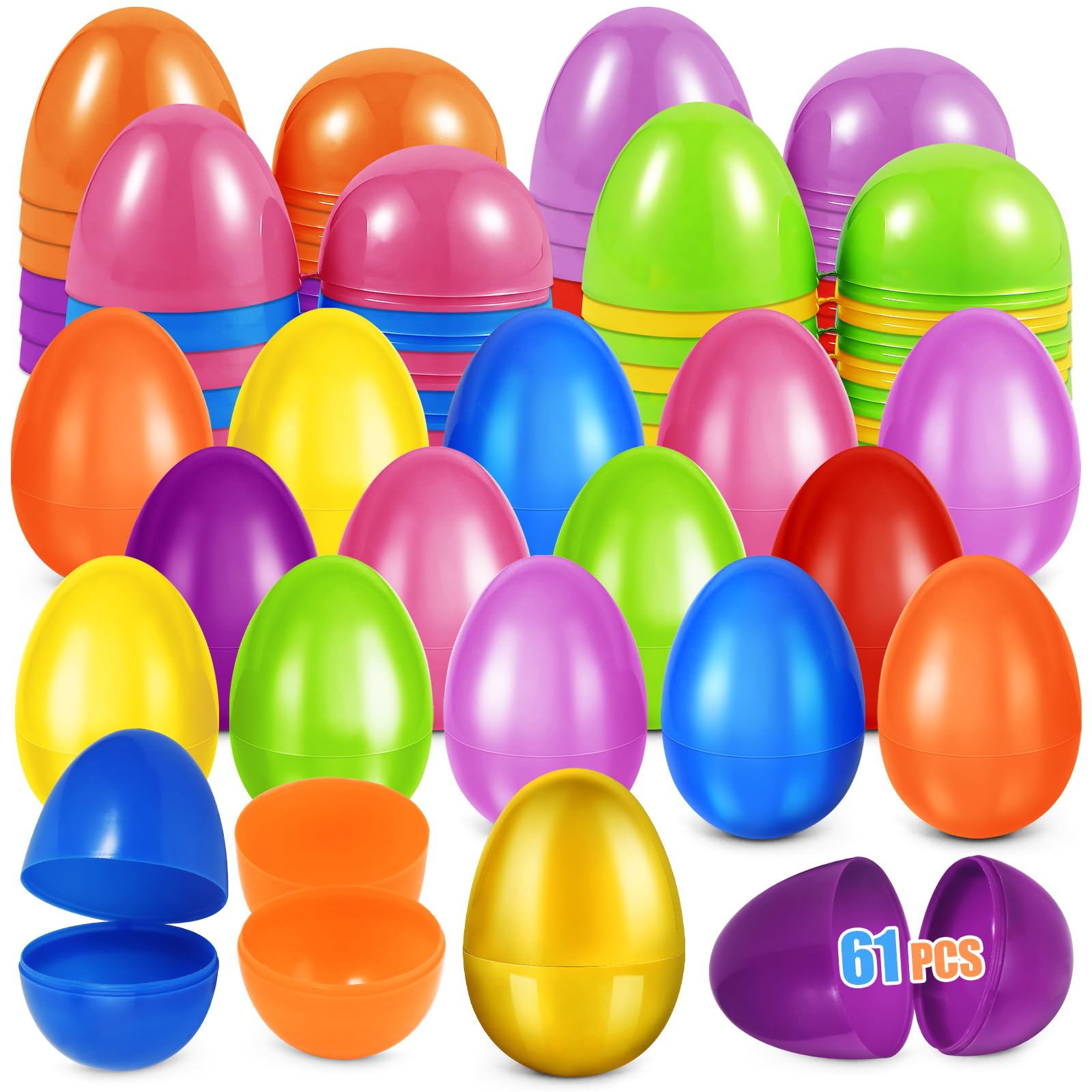 AuroTops 61 Pcs Plastic Easter Eggs Bulk - 2.3" Fillable Eggs in 9 Colors Plus Golden Egg for Hunts, Baskets, and Party Favors