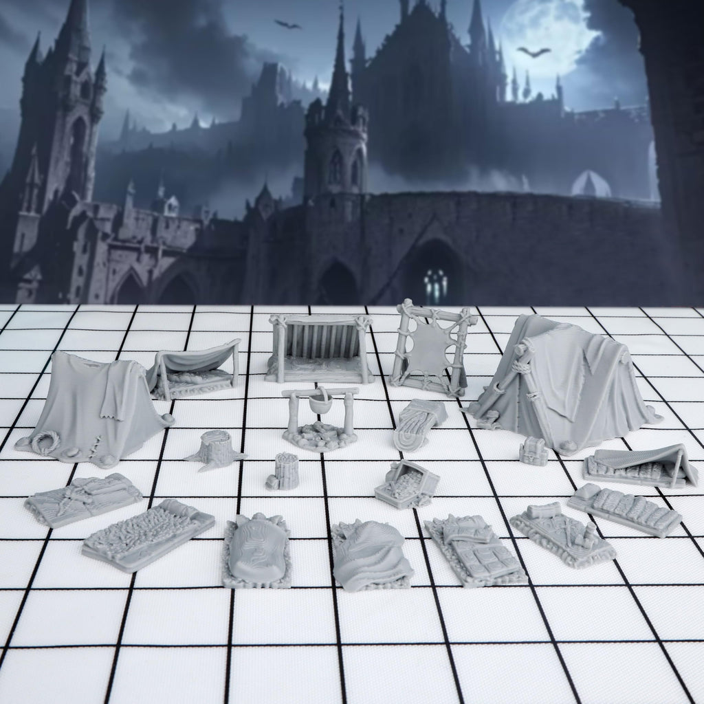 AUSPDICE 21-Piece Unpainted Camp Terrain Set for DND and Tabletop RPGs