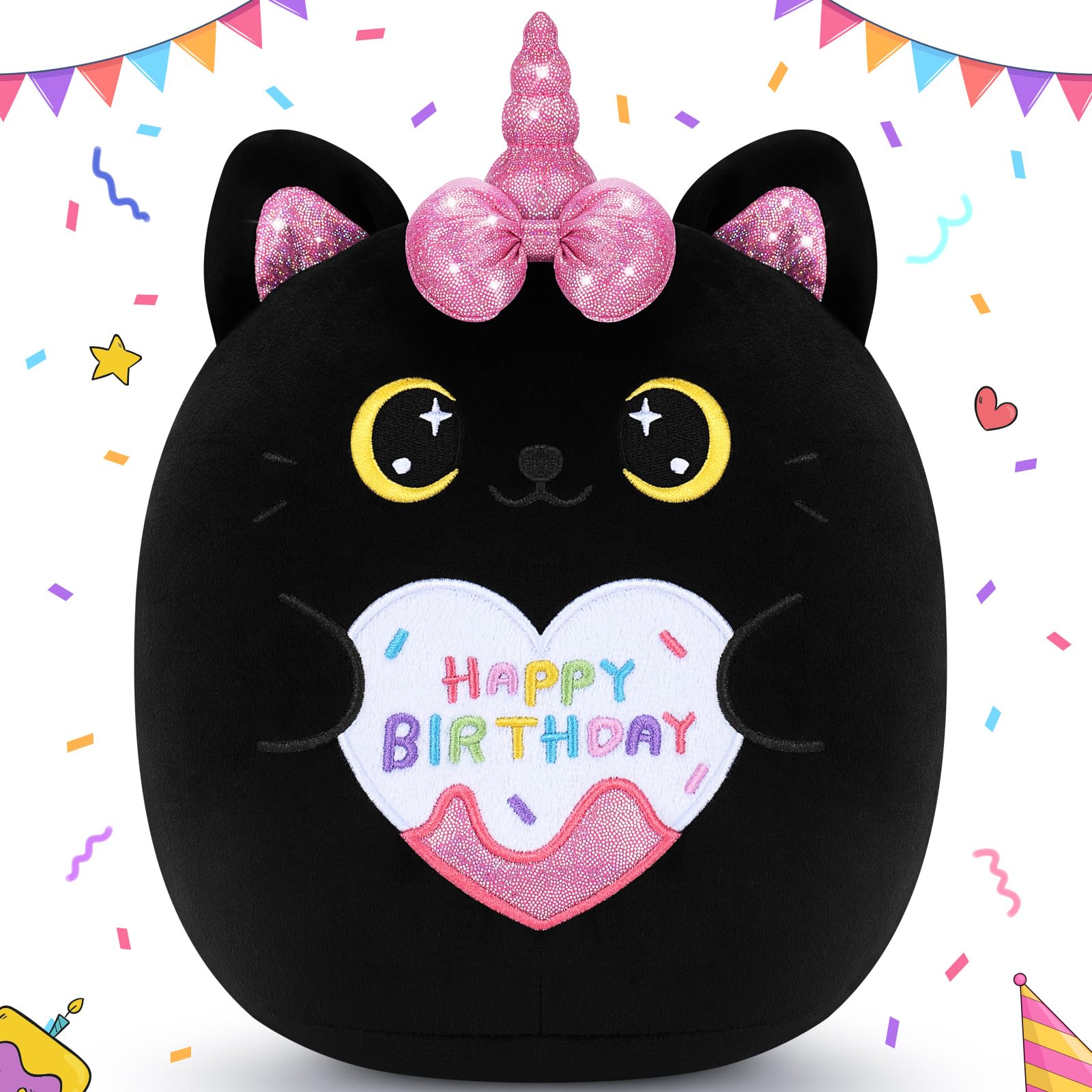 Auspicious Beginning 11-Inch Black Unicorn Cat Plush – Soft Kawaii Birthday Gift for Kids and Adults