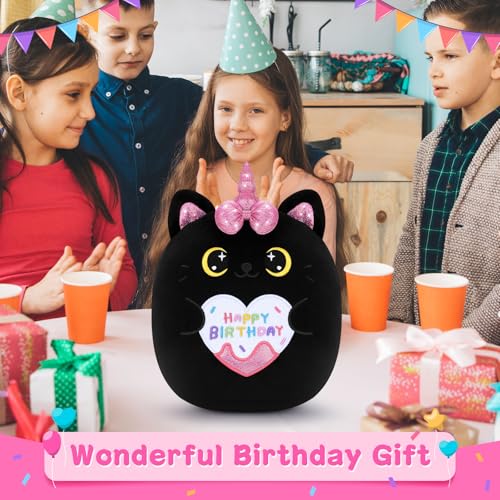 Auspicious Beginning 11-Inch Black Unicorn Cat Plush – Soft Kawaii Birthday Gift for Kids and Adults