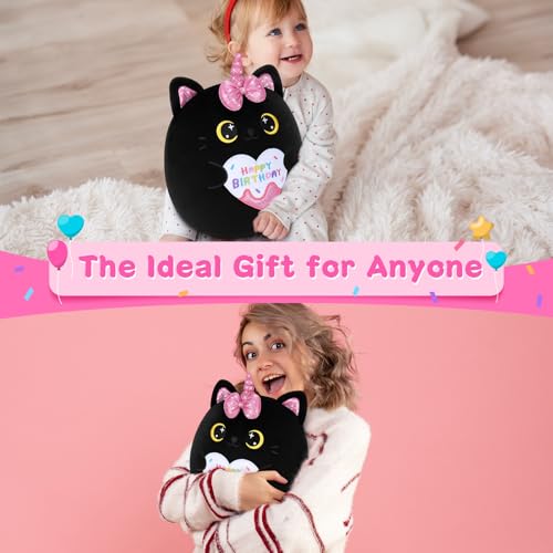 Auspicious Beginning 11-Inch Black Unicorn Cat Plush – Soft Kawaii Birthday Gift for Kids and Adults
